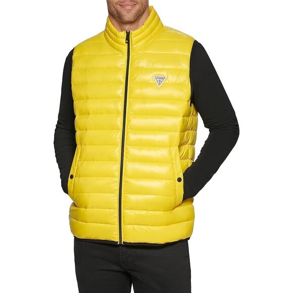 Guess Mens Yellow Puffer Vest L Full Zip Quilted Mock Neck Lightweight Nylon New - Picture 2 of 16